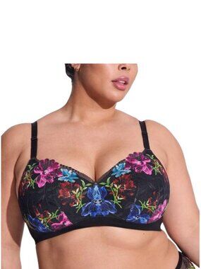 Torrid Dream Wire Free Floral Embroidered Bra Black Size 40 DDD